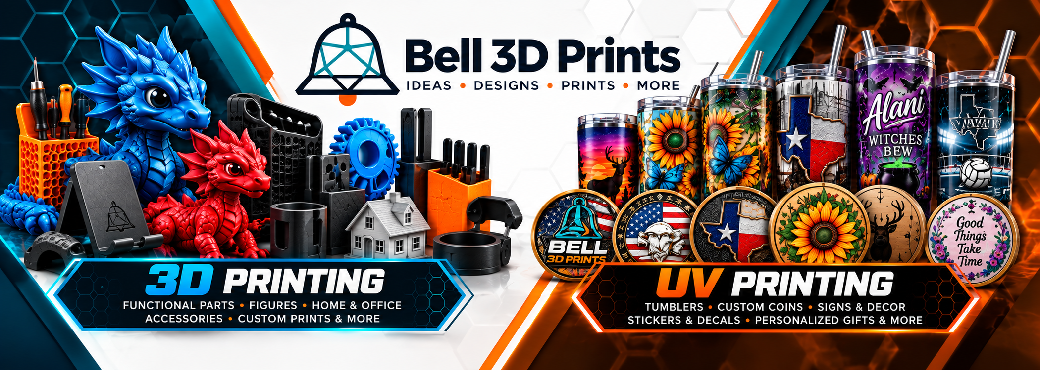 Bell 3D Prints product showcase featuring 3D printed figures and functional accessories alongside UV printed tumblers and custom coins